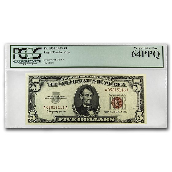 1963 $5.00 U.S. Note Red Seal Choice CU-64 PPQ PCGS 1963 $5.00 U.S. Note Red Seal Choice CU-64 PPQ PCGS